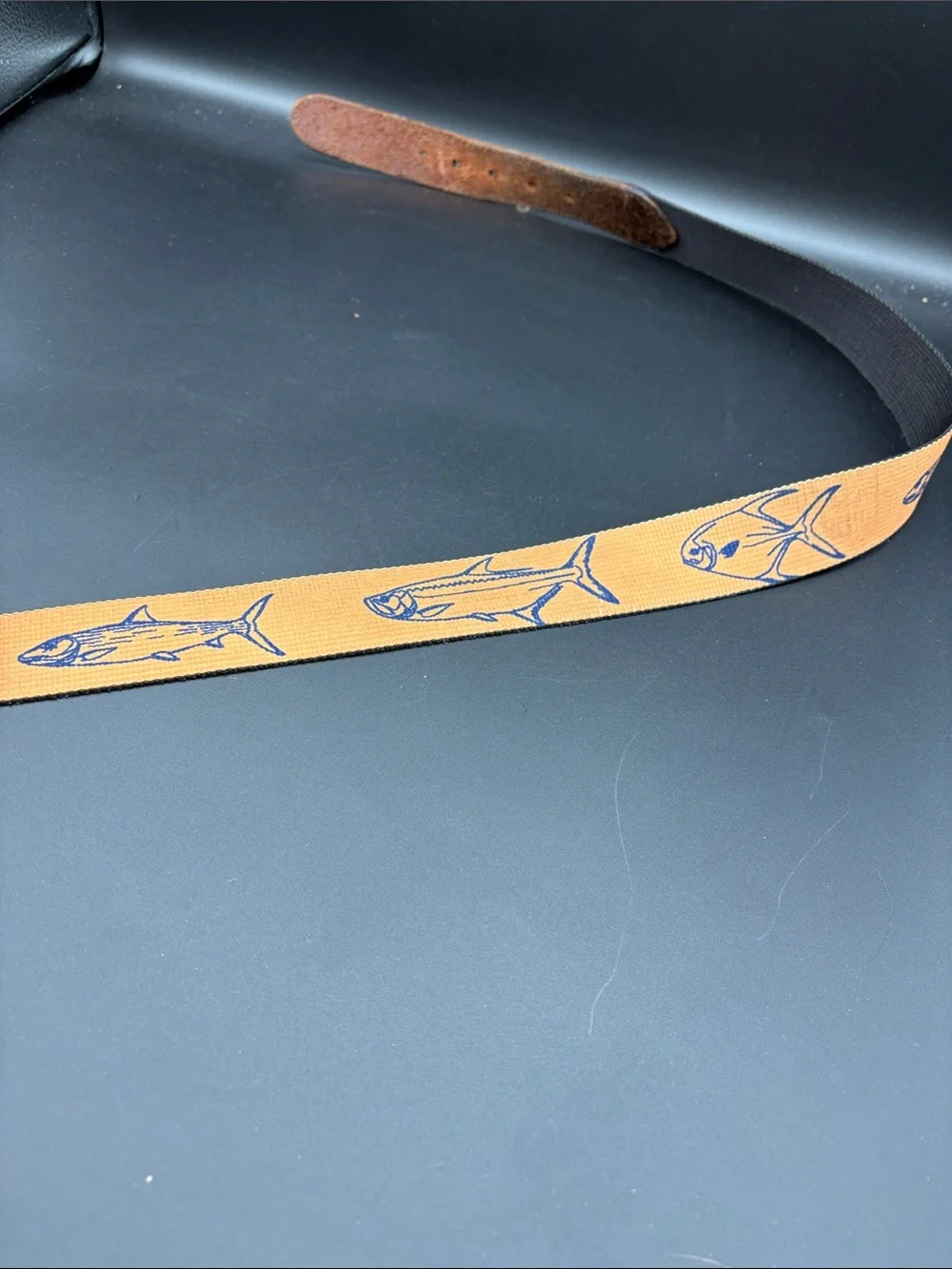 True Flies Fish-Print Belt with Leather Trim size 34